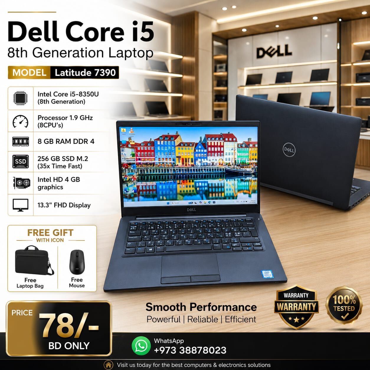 Manama, Computers, BHD 78,  DELL Core I5 8th Gen Laptop 8GB RAM 256GB M.2 SSD WIN 11 & Office 2024 FREE Bag & Mouse