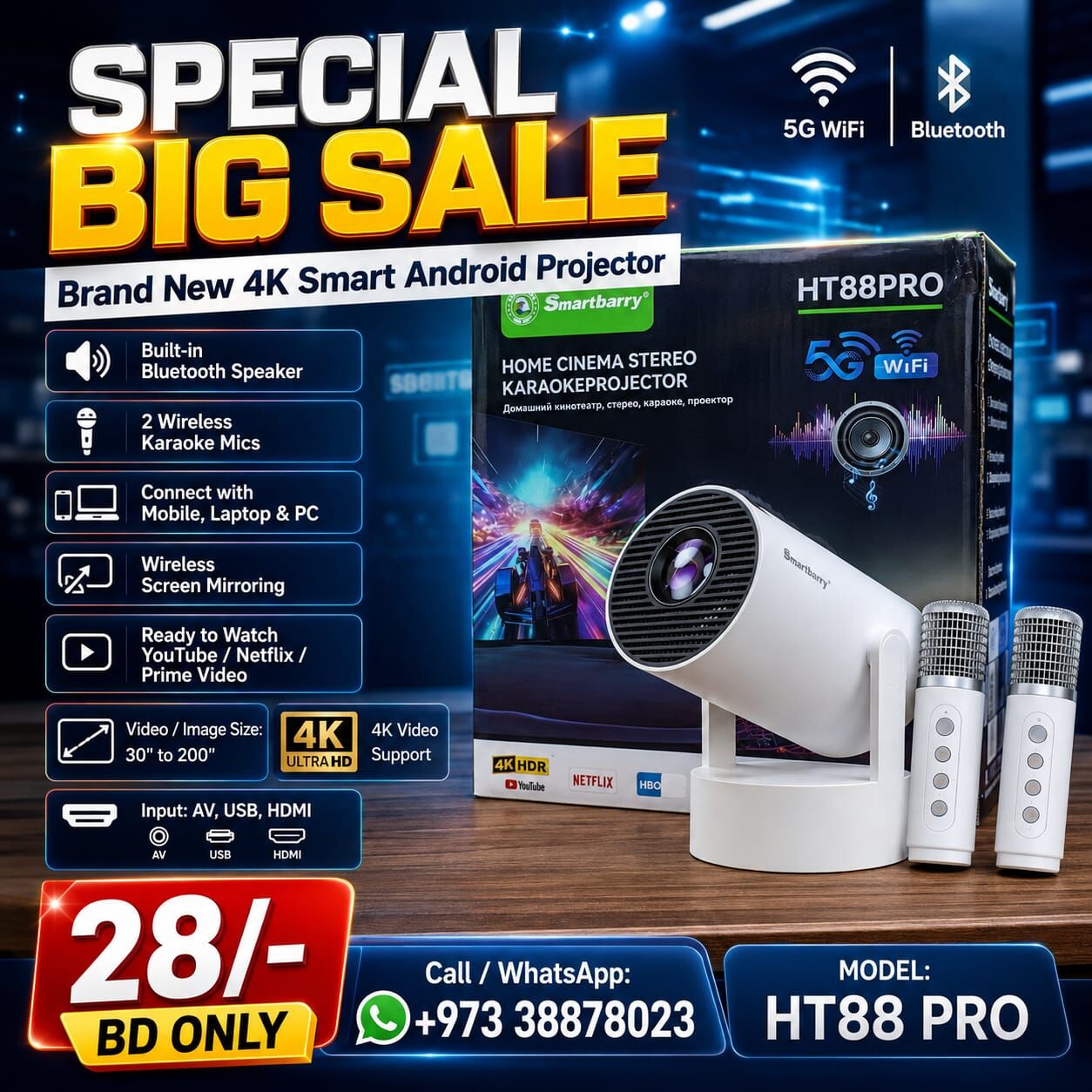 Manama, Tablet Computers, BHD 28,  Brand New 4K Smart Android 5G Projector With Remote & 2 Microphone