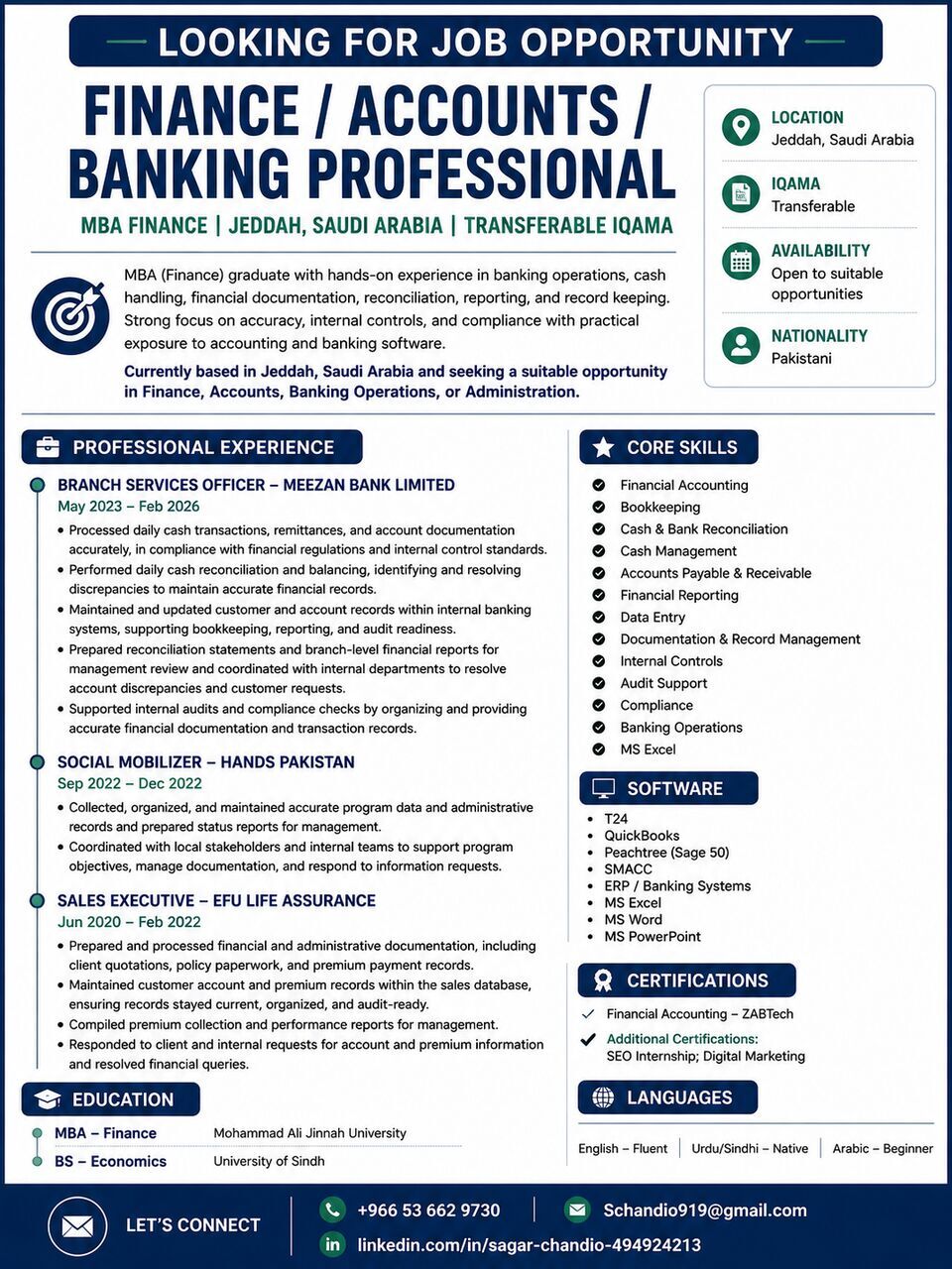 Jeddah, Job Seekers, Need Job /Finance/Accounts/cashier
