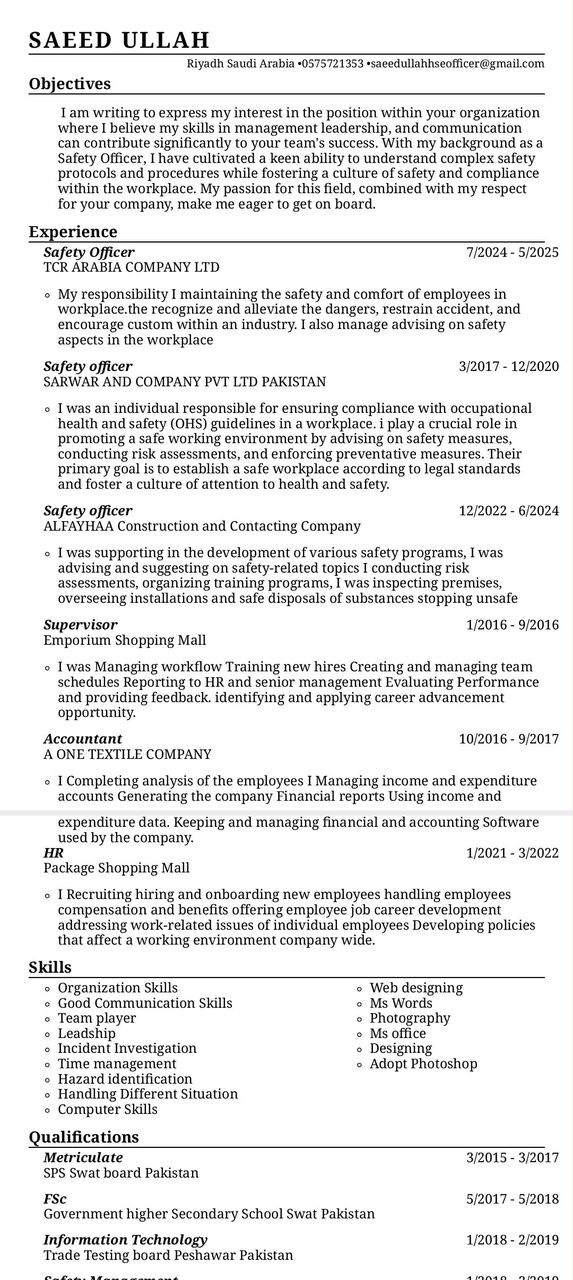 Riyadh, Job Seekers, Certified Health & Safety Officer / Specialist