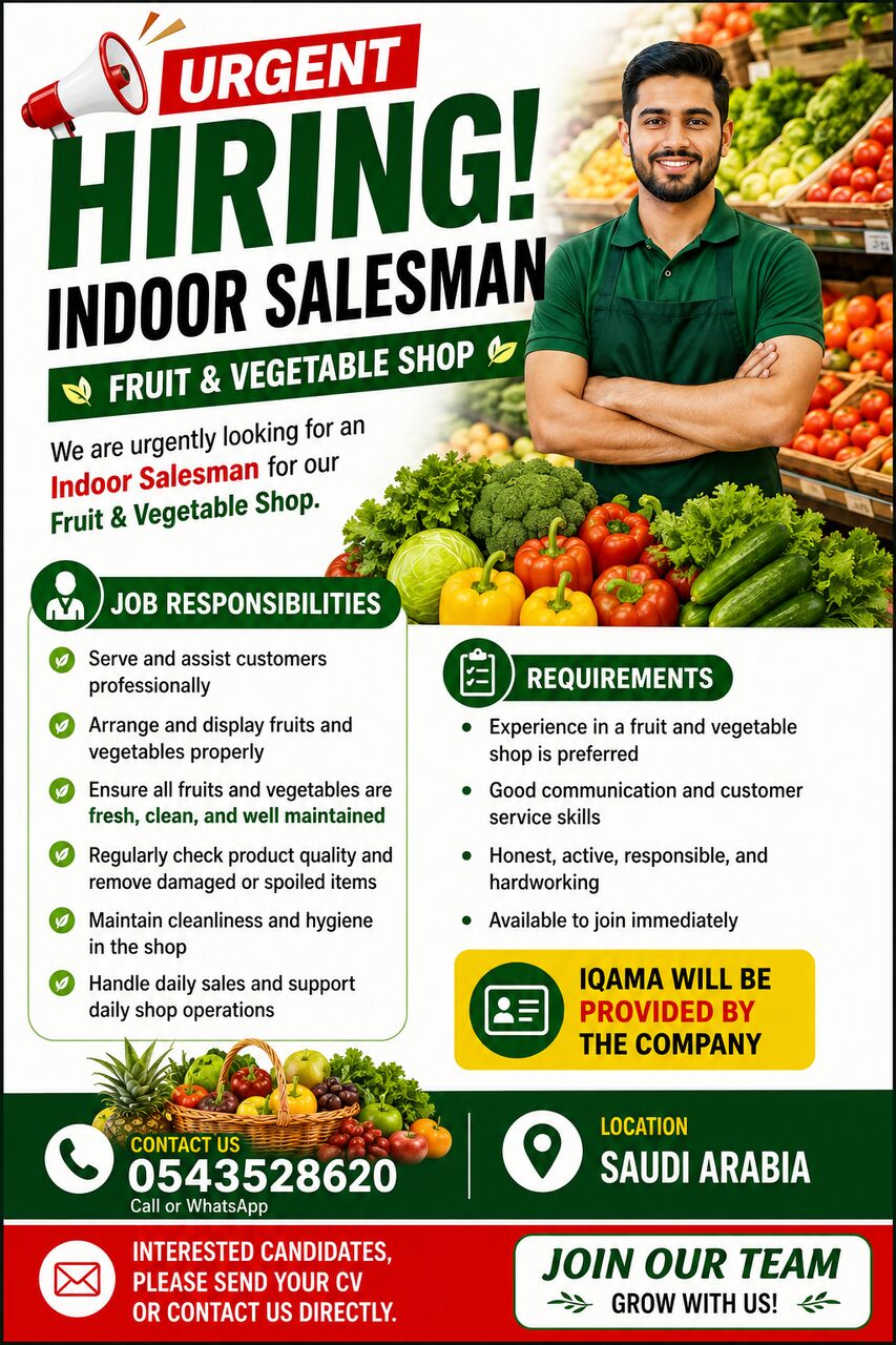 Jeddah, Jobs, Indoor Salesman For Fruit And Vegetable Shop In Jeddah With Baldia Card