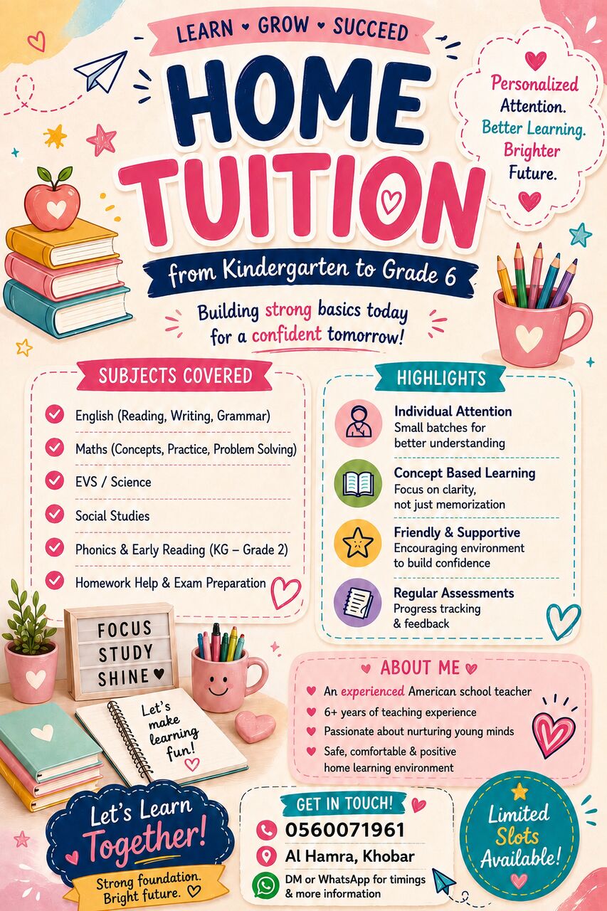 Khobar, Lessons Offered, Home Tuition. American School Teacher. Kindergarten- Grade 6