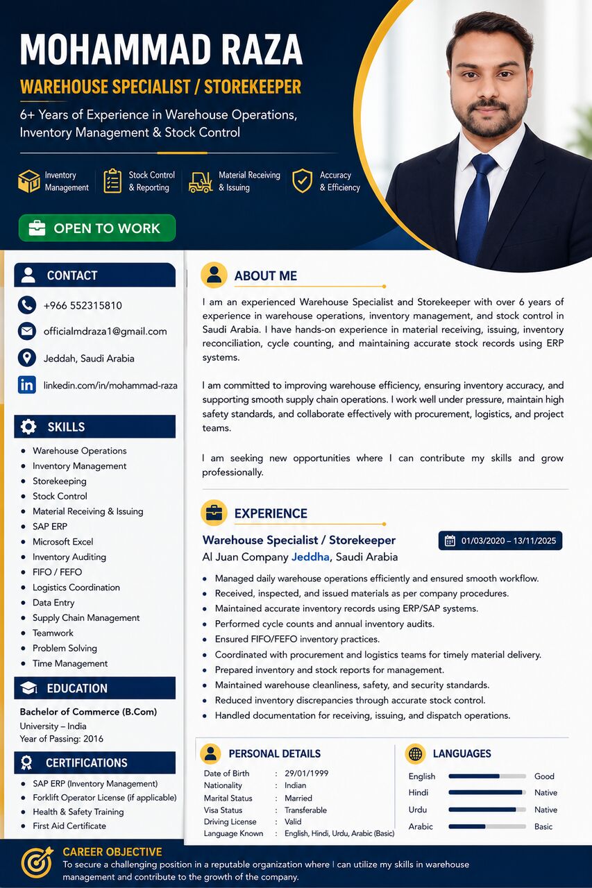 Najran, Job Seekers, Warehouse Specialist Storekeeper I Have 6+ Years Experience