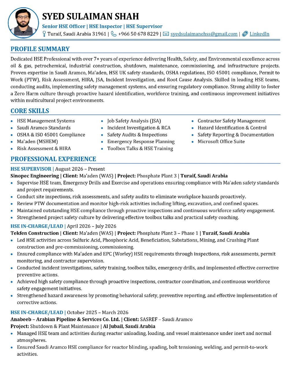 Riyadh, Job Seekers, Looking For A Role As An Senior HSE Officer Or Supervisor.