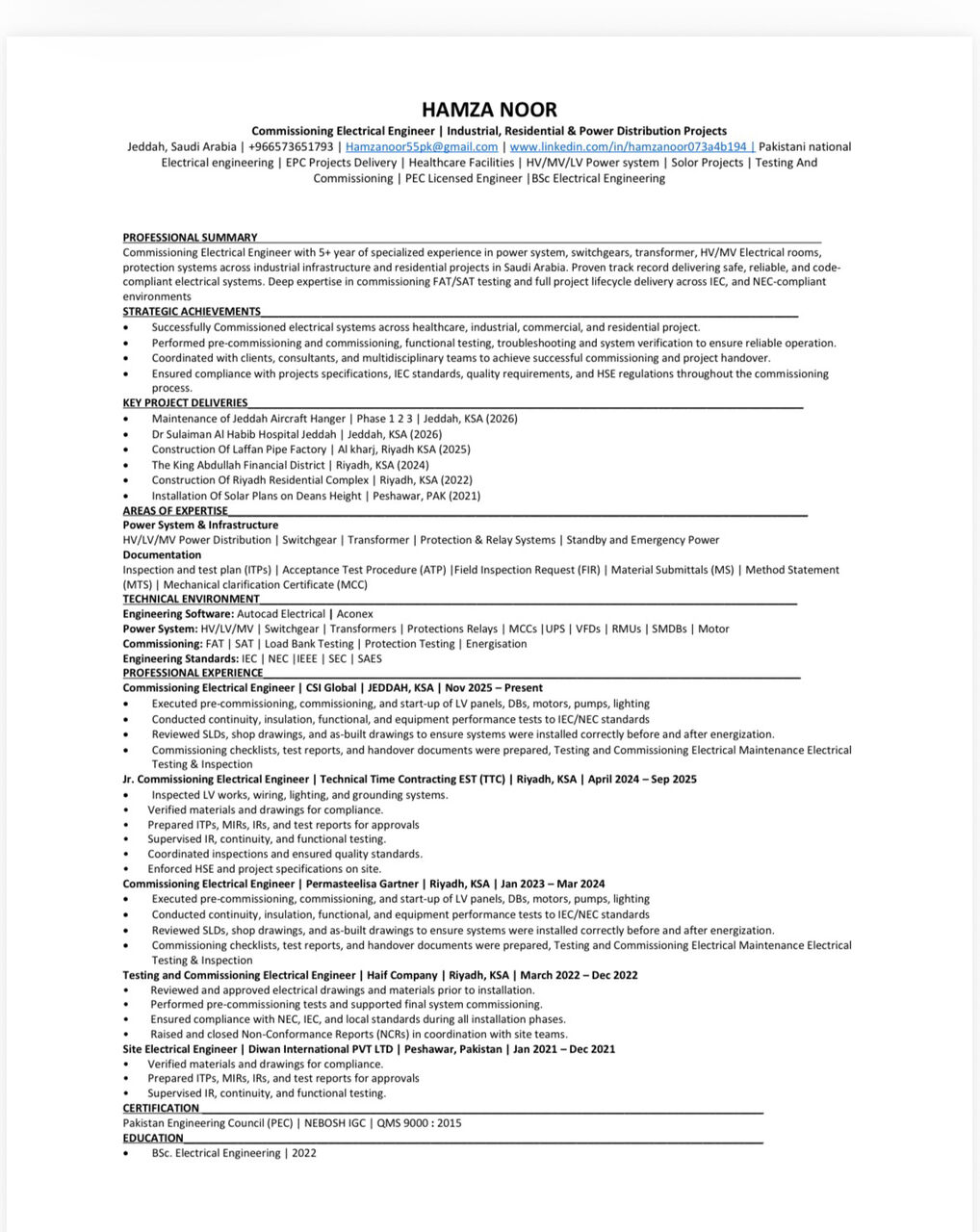 Jeddah, Job Seekers, Commissioning Electrical Engineer