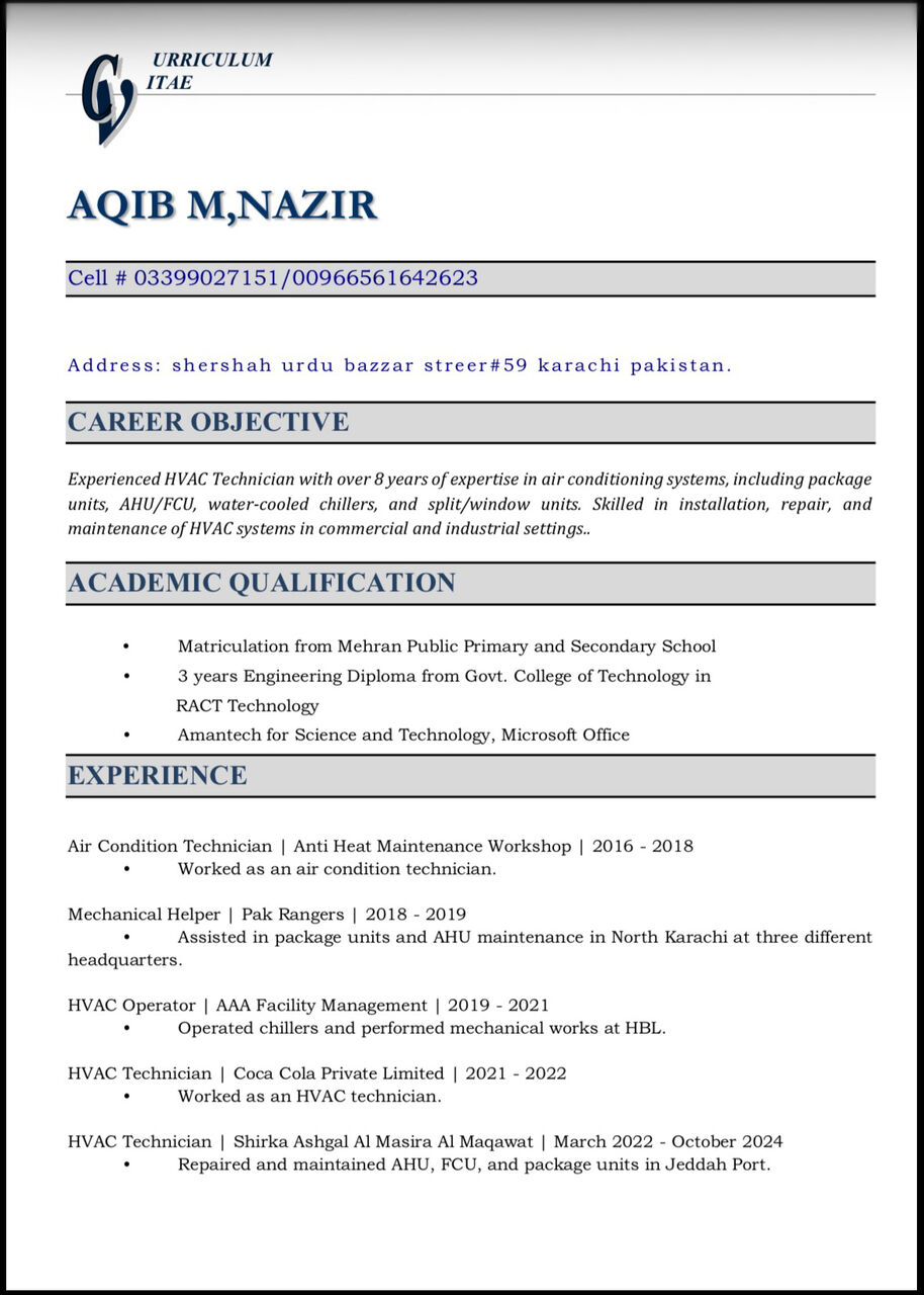 Karachi, Job Seekers, Hvac Technition