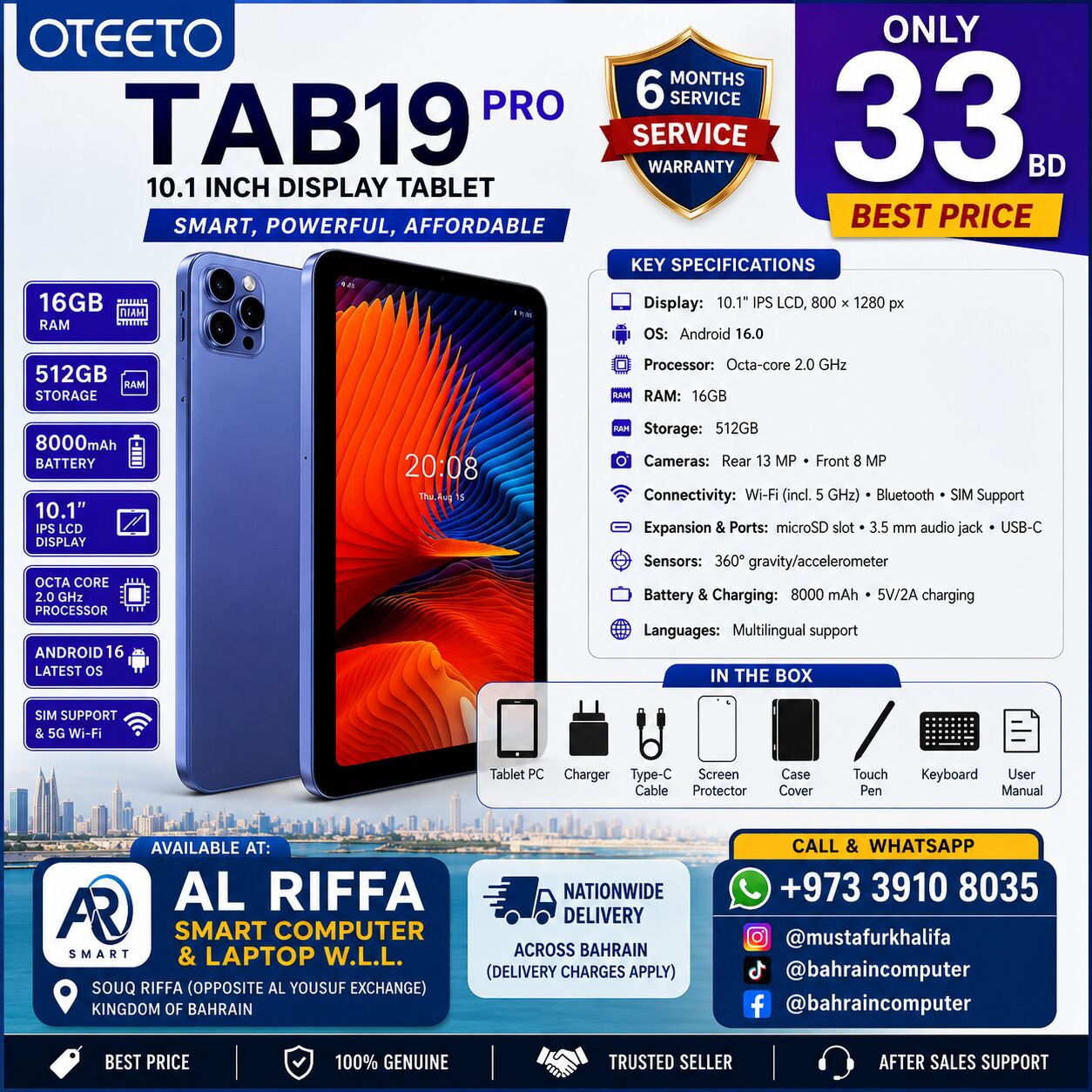 Riffa, Computers, BHD 33,  Oteeto TAB 19 PRO 10.1 Inch Display 16GB RAM & 512GB Memory 8000Mah Battery 33 BD