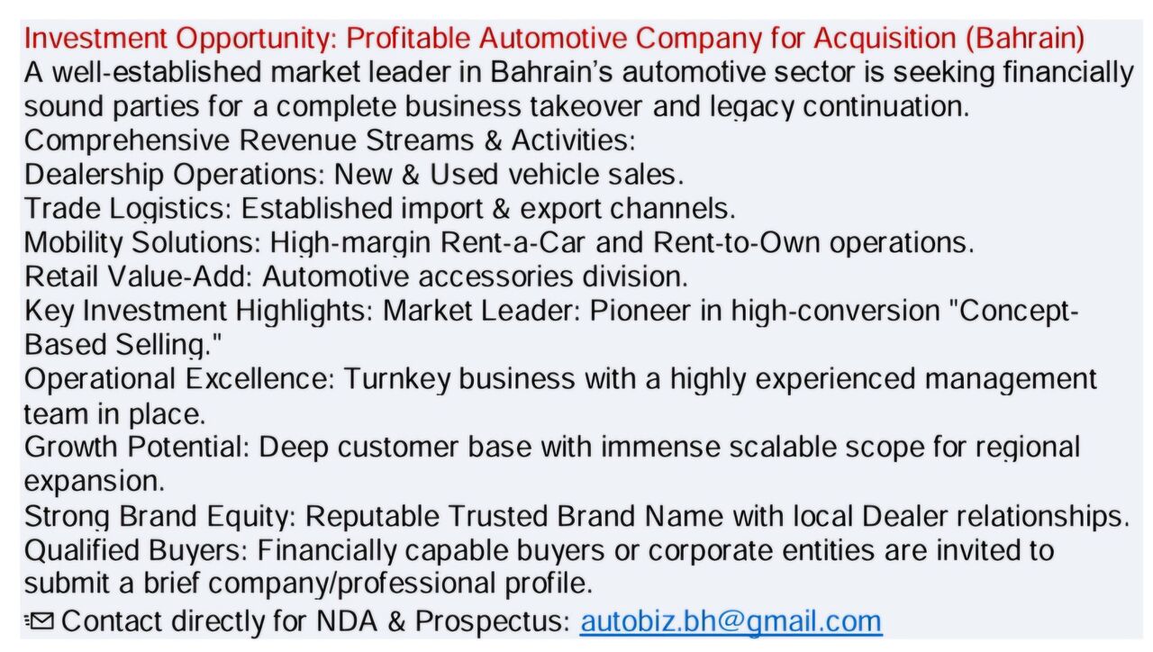 Manama, Businesses For Sale, Profitable Automotive Company For Take Over For
