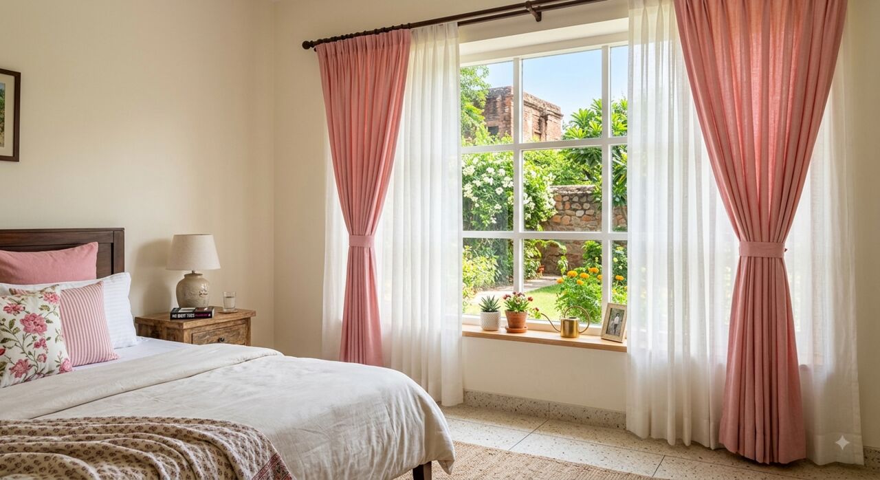 Mumbai, Household Items, INR 1899,  White & Pink Blackout Curtains | Cotton Window Curtains
