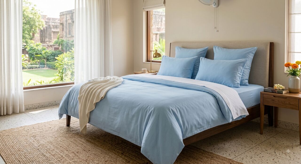 Mumbai, Household Items, INR 1499,  Sky Blue Bedsheets Online | 100% Cotton Handloom Sets