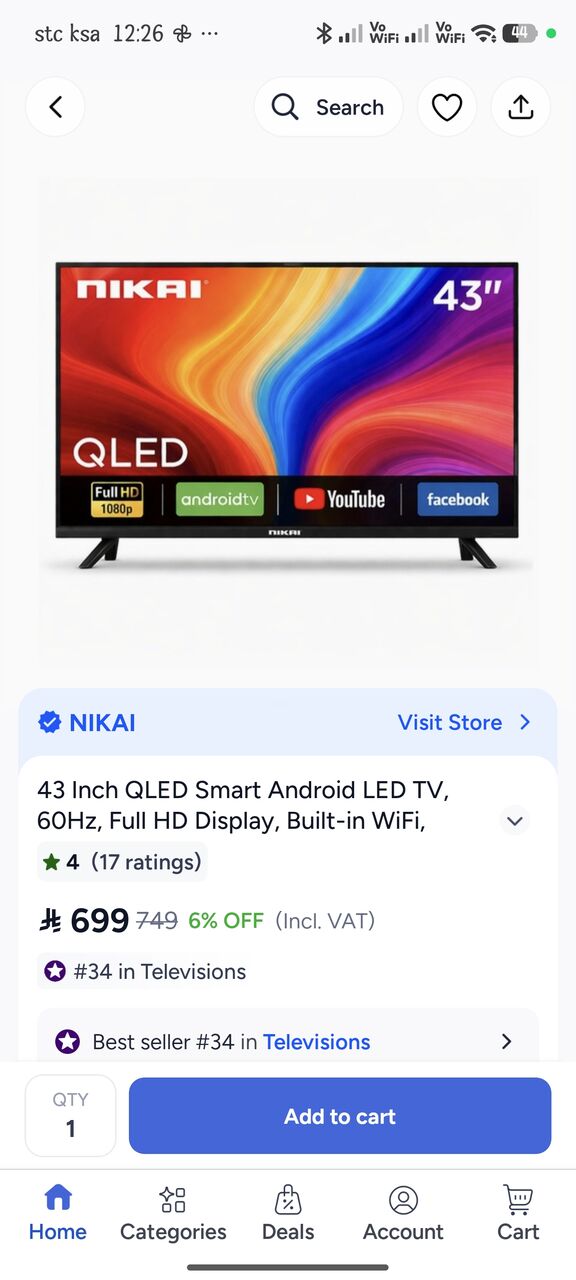 Dhahran, Electronics, SAR 560,  Brand New Nikai 43 Inch QLED Smart Android TV