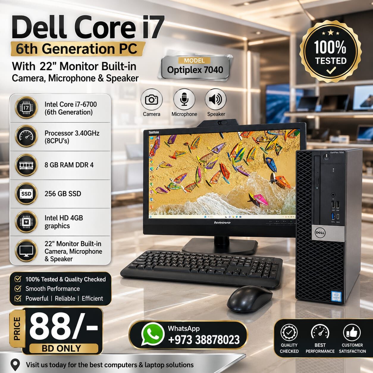 Manama, Tablet Computers, BHD 88,  Dell Core I7 6th Gen PC RAM 8GB SSD 256GB M.2 22" Full HD Monitor Built-in Camera,Speaker