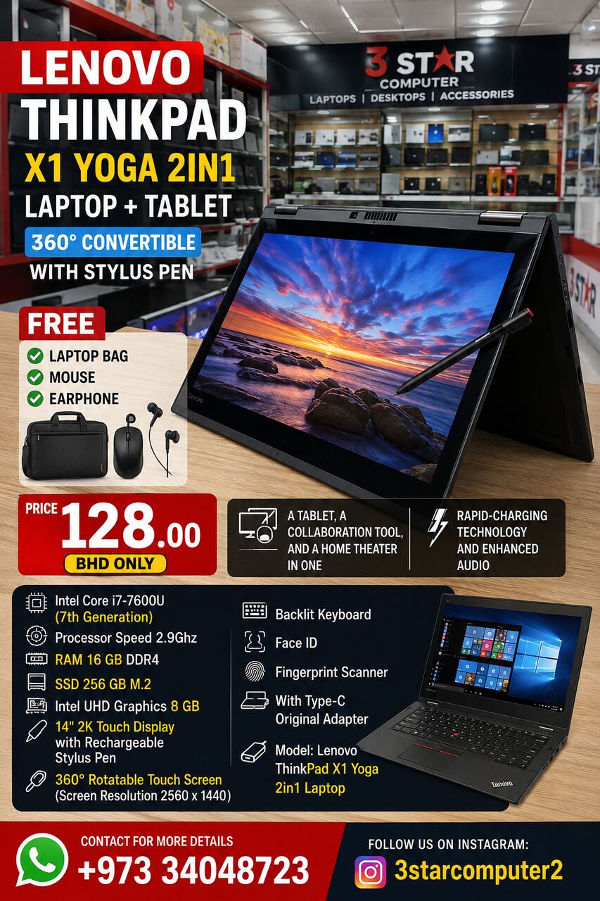 Manama, Tablet Computers, BHD 128,  Lenovo Core I7 2K Display 2in1 Touch Laptop+Tablet With Stylus Pen 16GB RAM FREE GIFTS