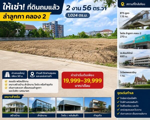 Bangkok, Villas, THB 19999,  256 Sq. Feet,  Land Already Filled, 2 Ngan, 56 Sq M., BTS Khu Khot 1.15 Km., Lotus Lam Luk Ka, Khlong 2,