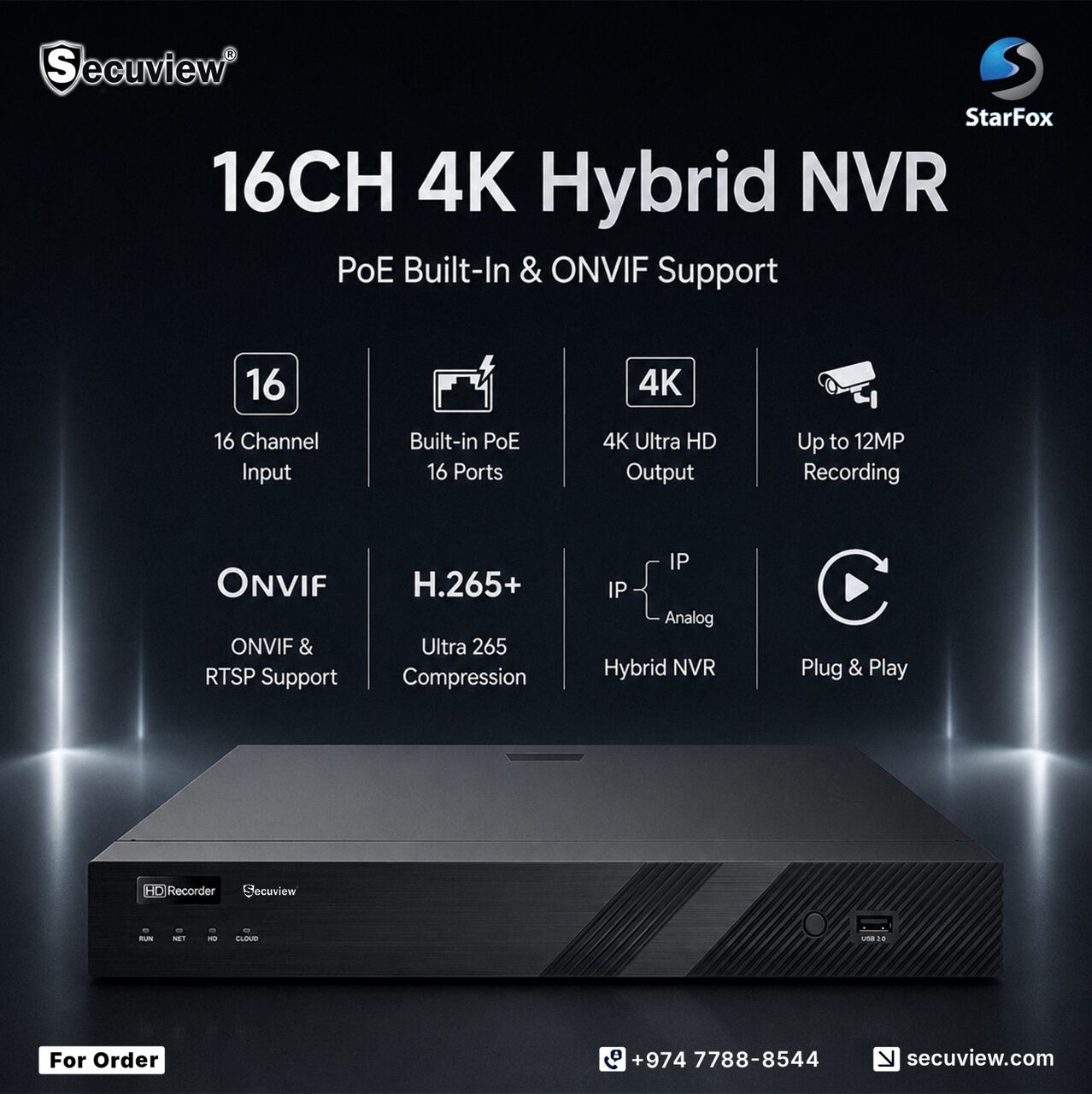 Doha, Electronics, QAR 1274,  Secuview 16CH 4K Hybrid NVR I POE Built-In & ONVIF Support.