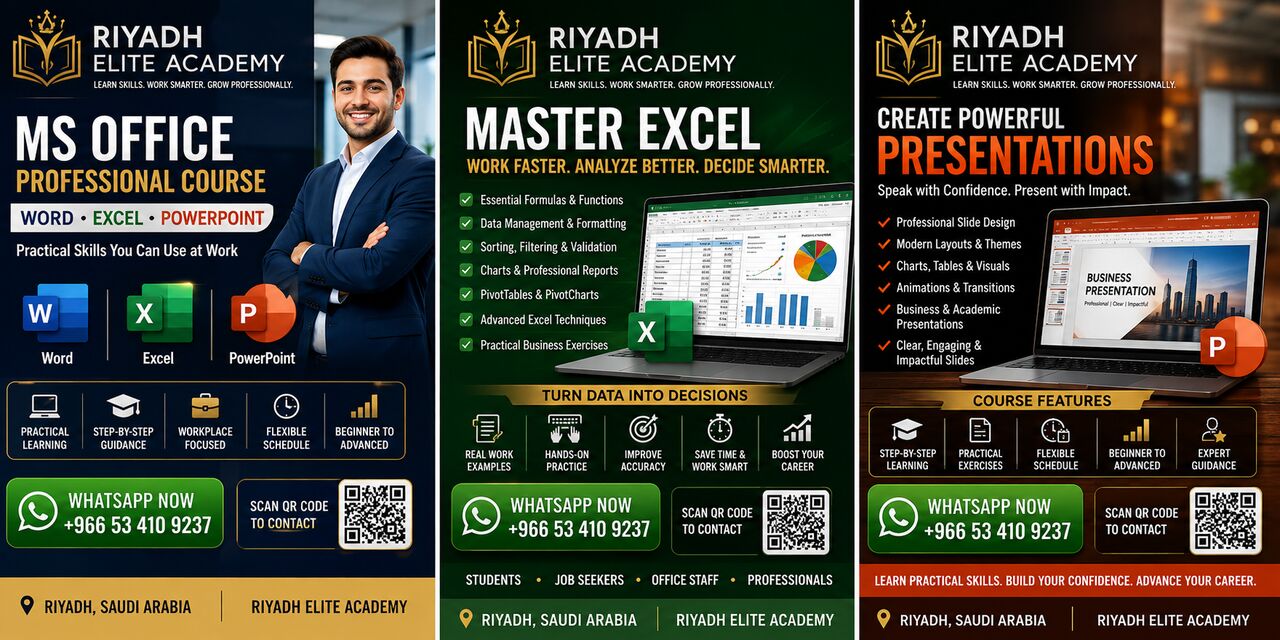 Riyadh, Lessons Offered, MS Office Professional Course Riyadh | Word &bull; Excel &bull; PowerPoint &bull; Advanced Excel