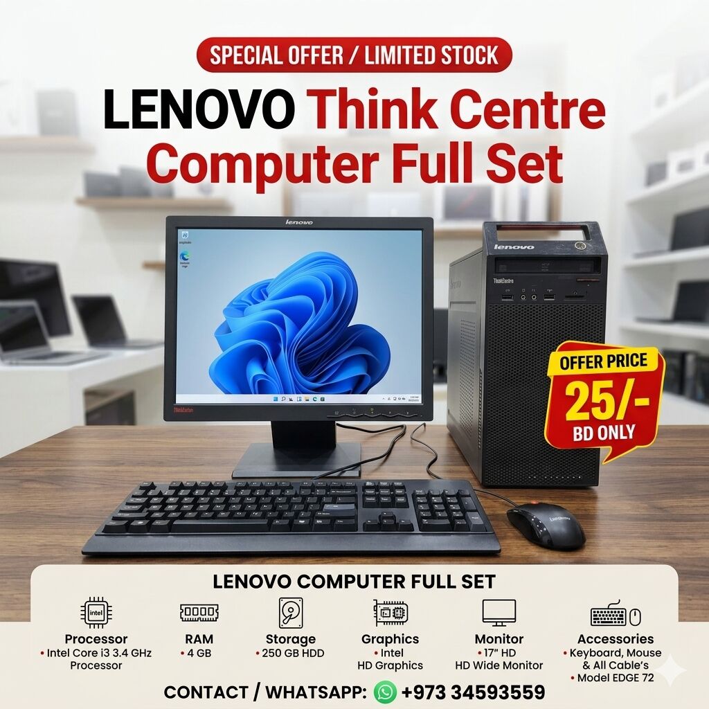 Muharraq, Electronics, BHD 25,  Special Offer LENOVO Core I3 Computer Full Set With Lenovo HD Monitor Win 10 Ready To Use