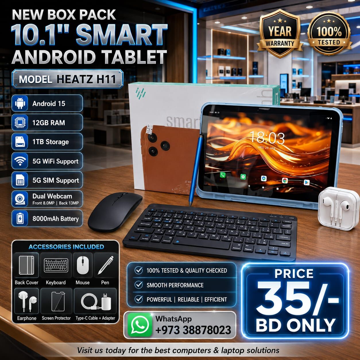 Manama, Tablet Computers, BHD 35,  New 10" Smart Android Tablet 12GB RAM+1TB Storage FREE Case, Keyboard, Mouse, Earphone,Pen