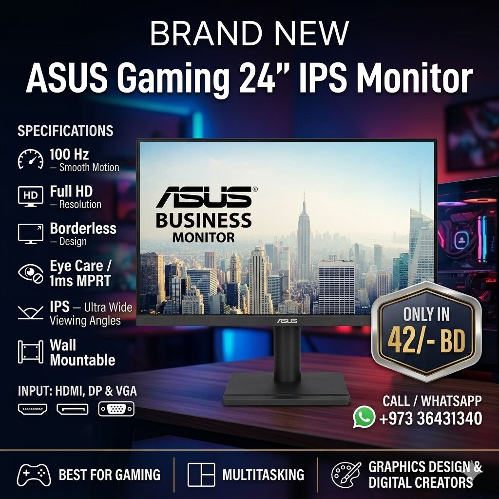 Muharraq, Electronics, BHD 42,  Brand New ASUS Gaming 24" IPS Monitor 100Hz With Warranty (Offer Price 42/-BD Only)