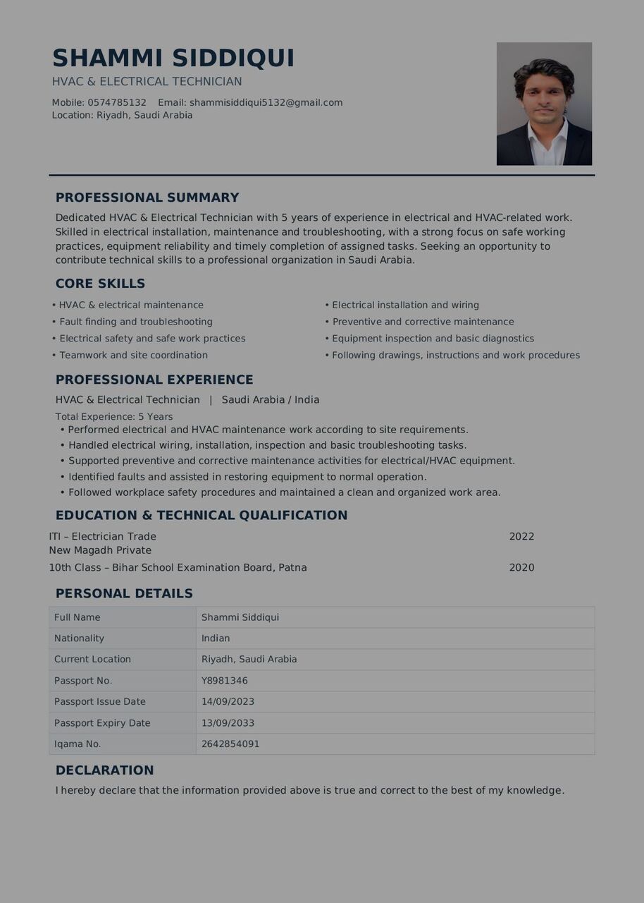 Riyadh, Job Seekers, HVAC Electrician