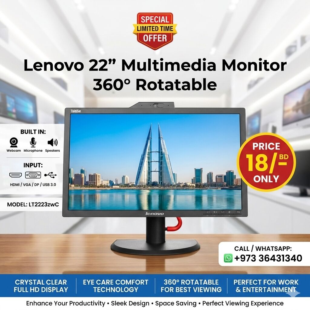 Muharraq, Electronics, BHD 18,  Lenovo 22" Full HD Monitor Multimedia 360*Rotatable In-built Webcam, Speakers & Microphone