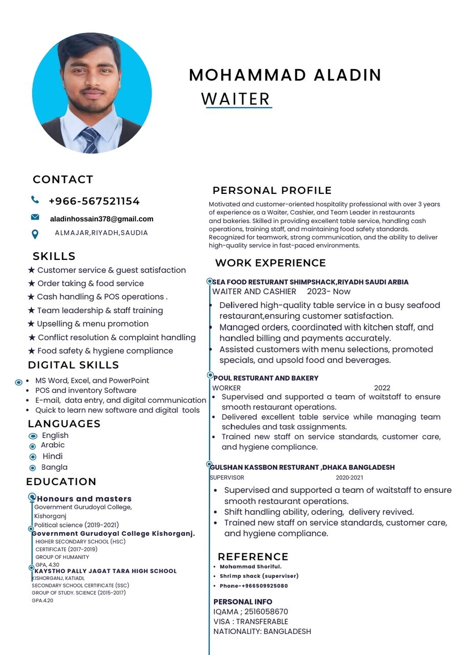 Riyadh, Job Seekers, Waiter And Cashier