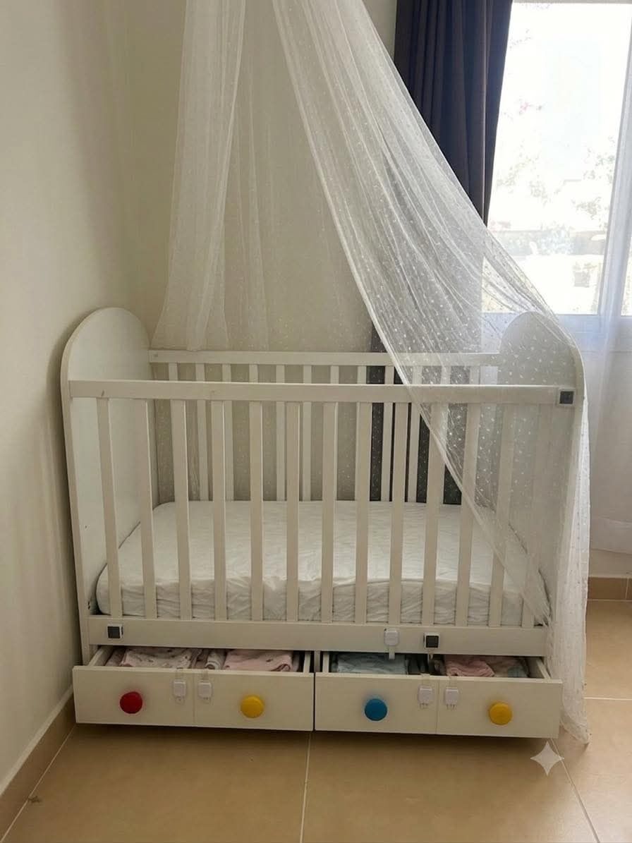 Akrabia, Furniture, SAR 300,  Full Baby Cot, With Side Attached Drawers, Net Cover And Hanger.