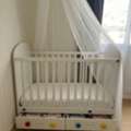 SAR 300,  Full Baby Cot, With Side Attached Drawers, Net Cover And Hanger.