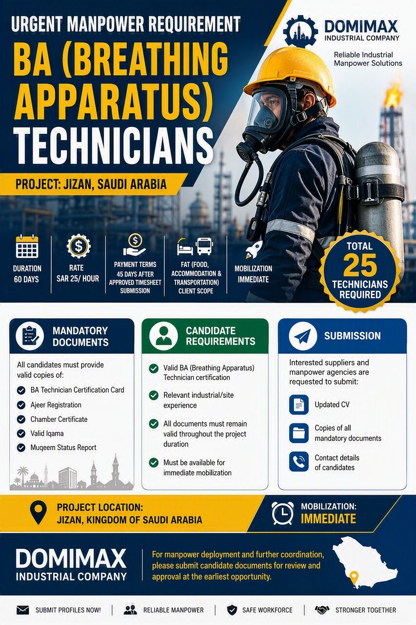 Jubail, Jobs, 🚨 URGENT REQUIREMENT FOR BA (BREATHING APPARATUS) TECHNICIANS 🚨