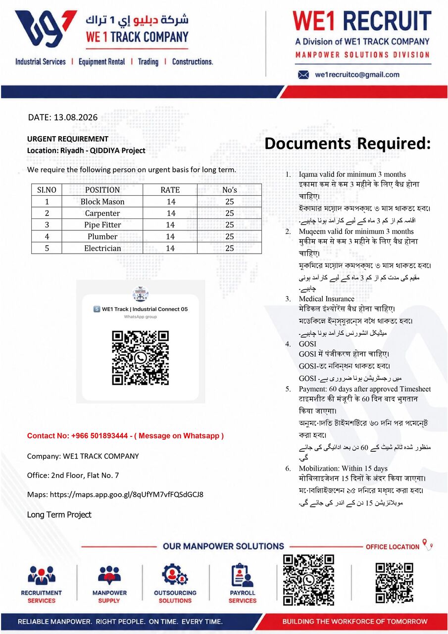 Jubail, Jobs, 🚨🔥 URGENT MANPOWER REQUIREMENT 🔥🚨