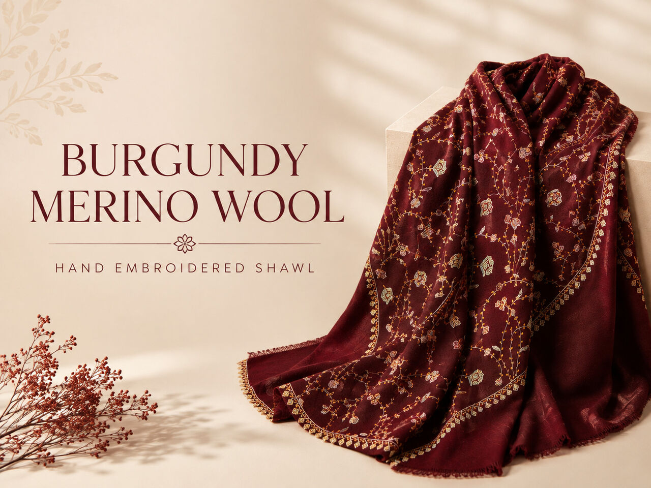 Mumbai, Clothing & Accessories, INR 22,  Burgundy Merino Wool Hand Embroidered Shawl