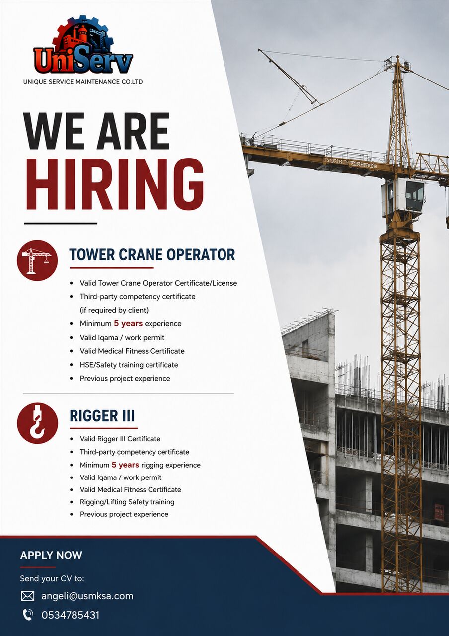 Riyadh, Jobs, Tower Crane Operator & Rigger III