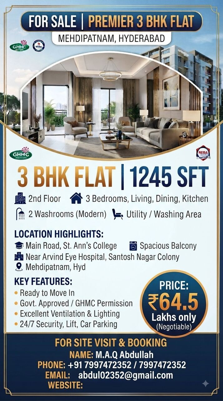 Hyderabad, Apartments, Flats, Houses & Villas, INR 6500000/day,  3 BR,  3 BHK FLAT 1245 SFT  FOR SALE AT ST ANNS COLLEGE MEHDIPATNAM
