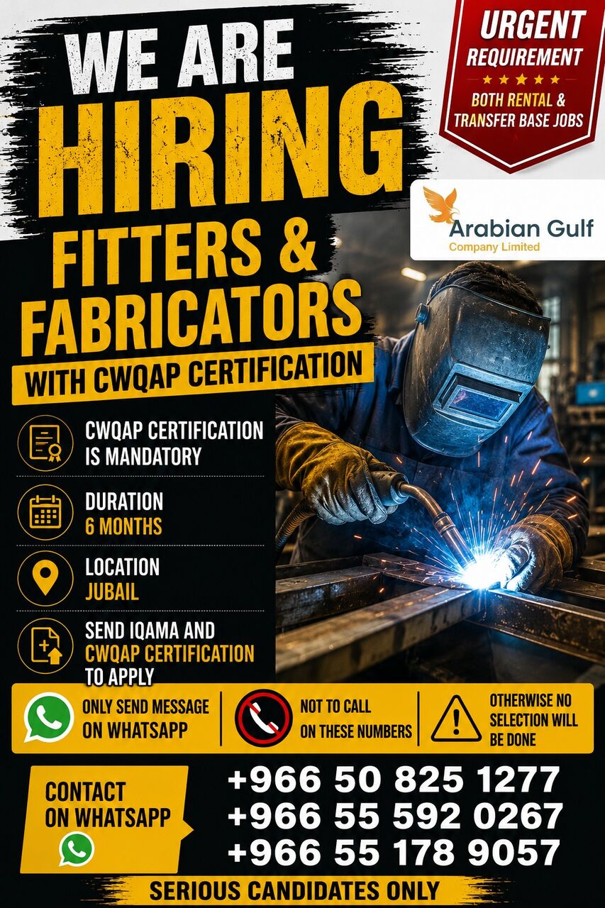 Riyadh, Jobs, CWQAP Certified - Fitters And Fabricators URGENT