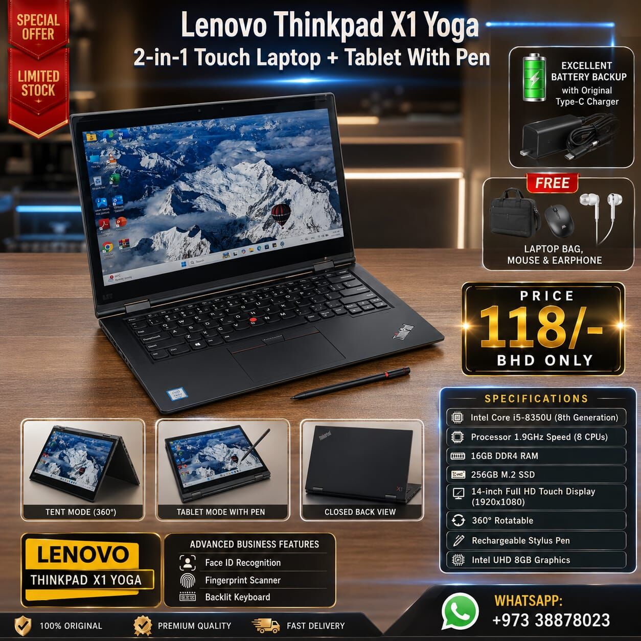 Manama, Tablet Computers, BHD 118,  Lenovo Core I5 8th Gen 2in1 Touch Laptop + Tablet With Stylus Pen 16GB RAM FREE GIFTS