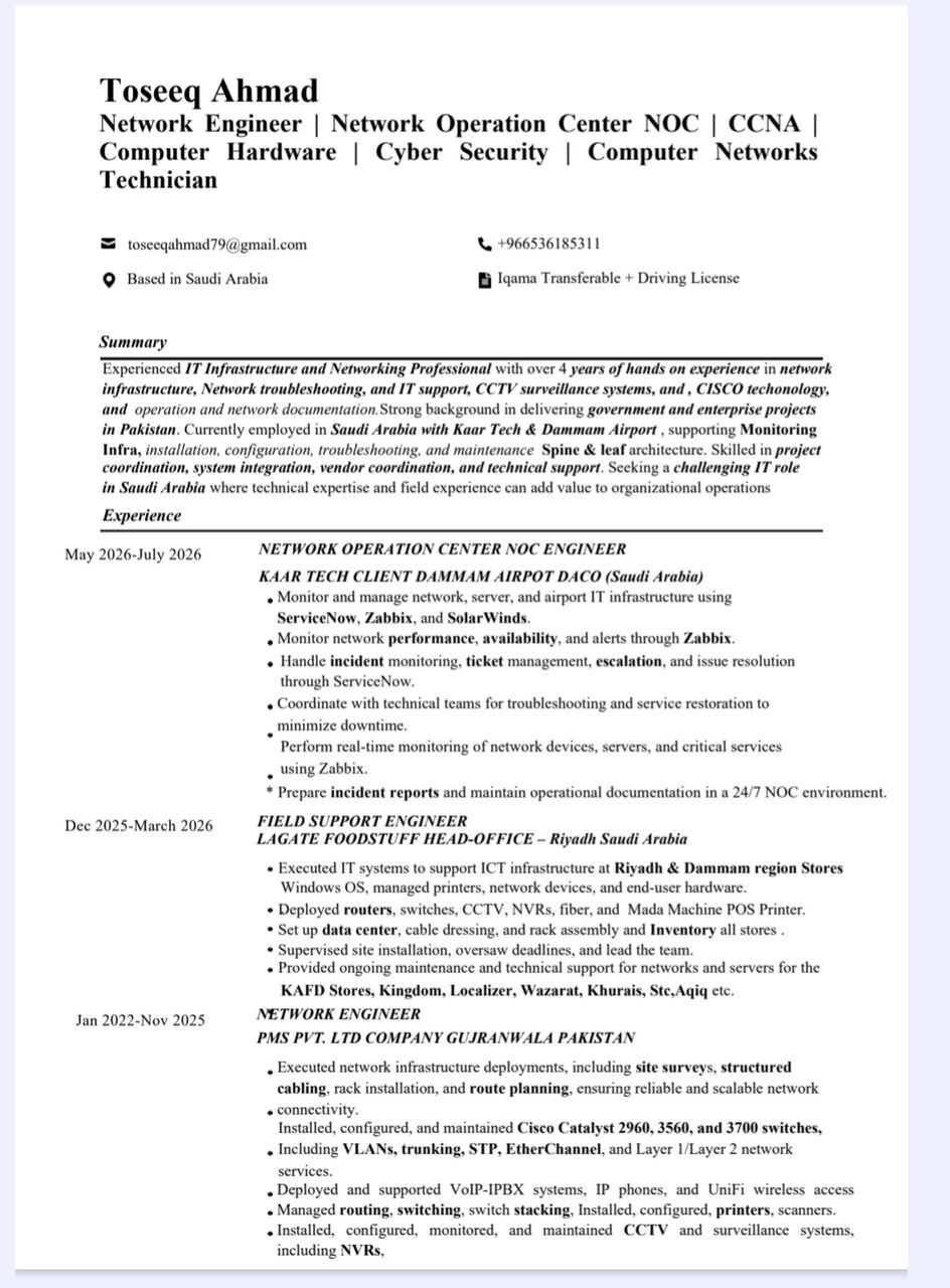 Riyadh, Job Seekers, Network Engineer | Technician | ELV System | CCTV | Fiber Optic