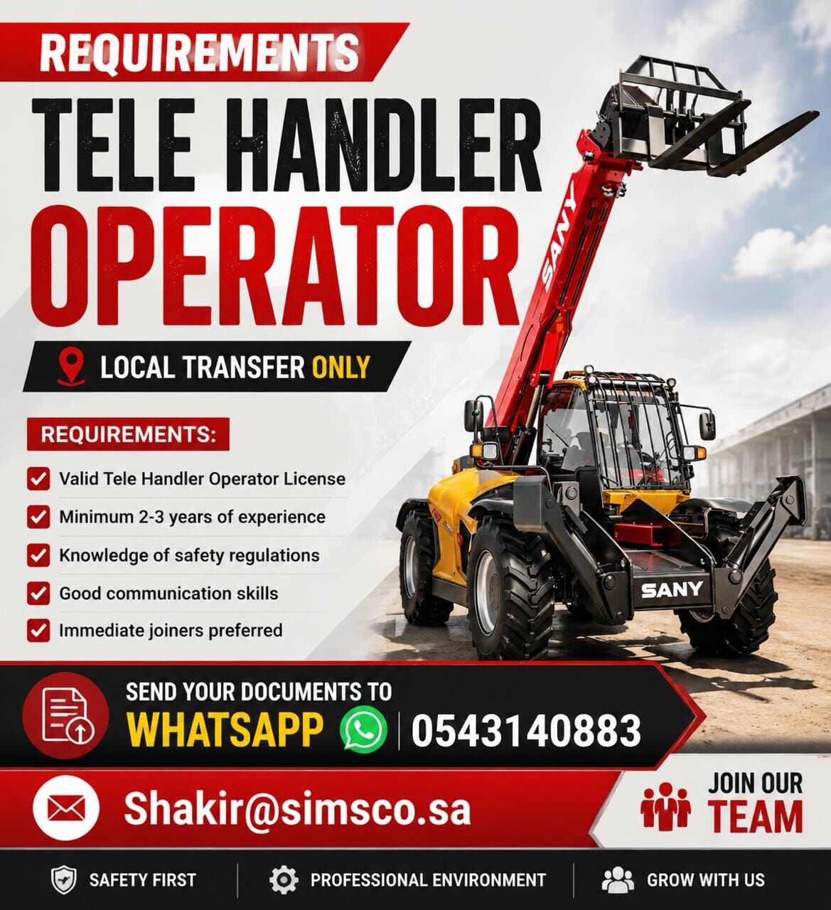 Khobar, Jobs, Need Telehandler Operator Local Transfer Immediately