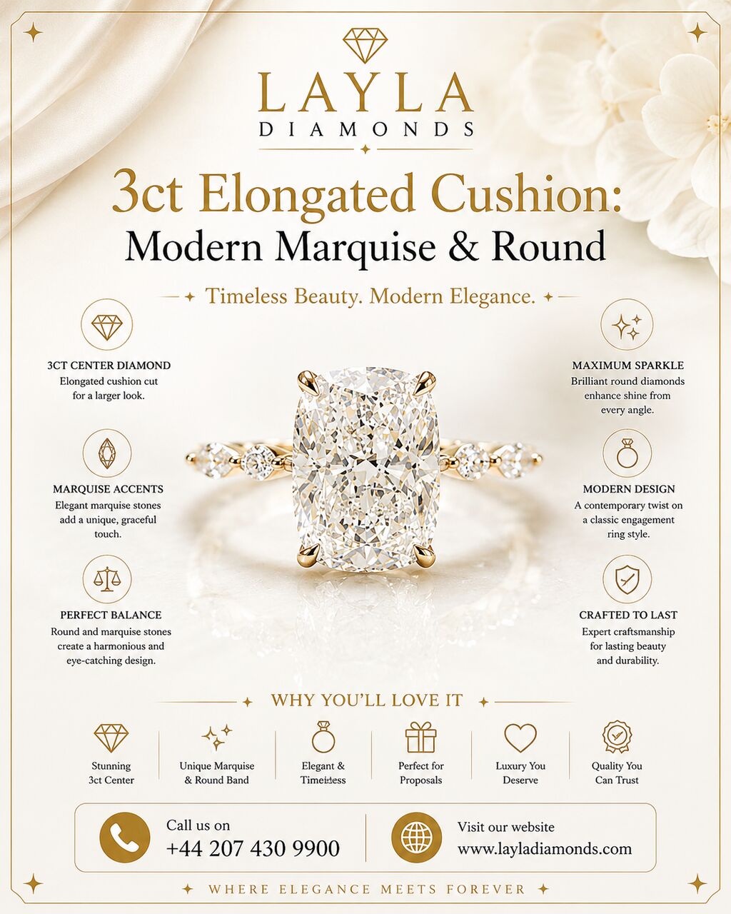 London, Jewelry, GBP 2,  3ct Elongated Cushion: Modern Marquise & Round | Layla Diamonds