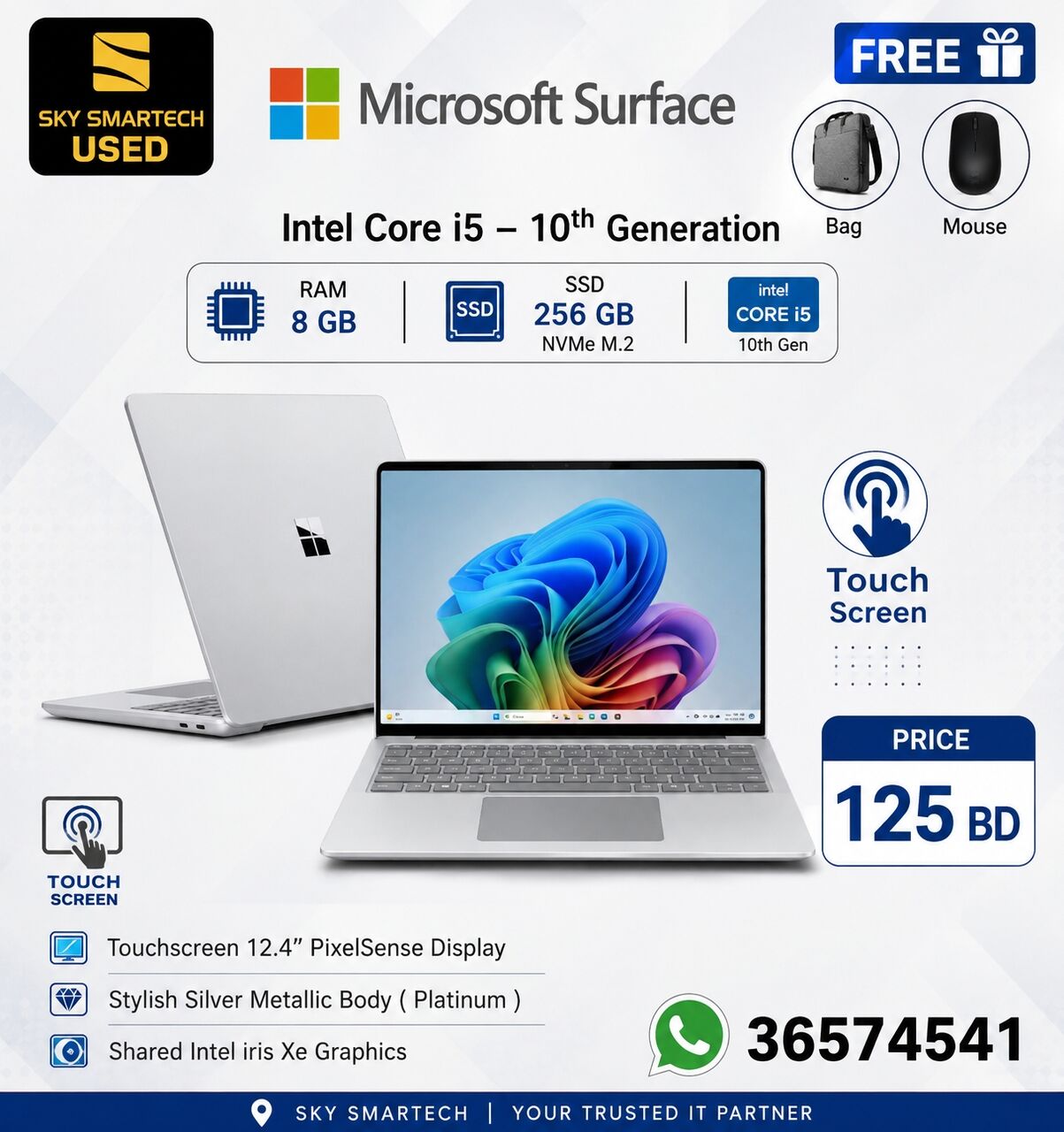 Manama, Electronics, BHD 125,  🔥 USED Microsoft Surface – I5 10th Gen | 8GB RAM | 256GB SSD | Touch Screen  💻 Microsoft