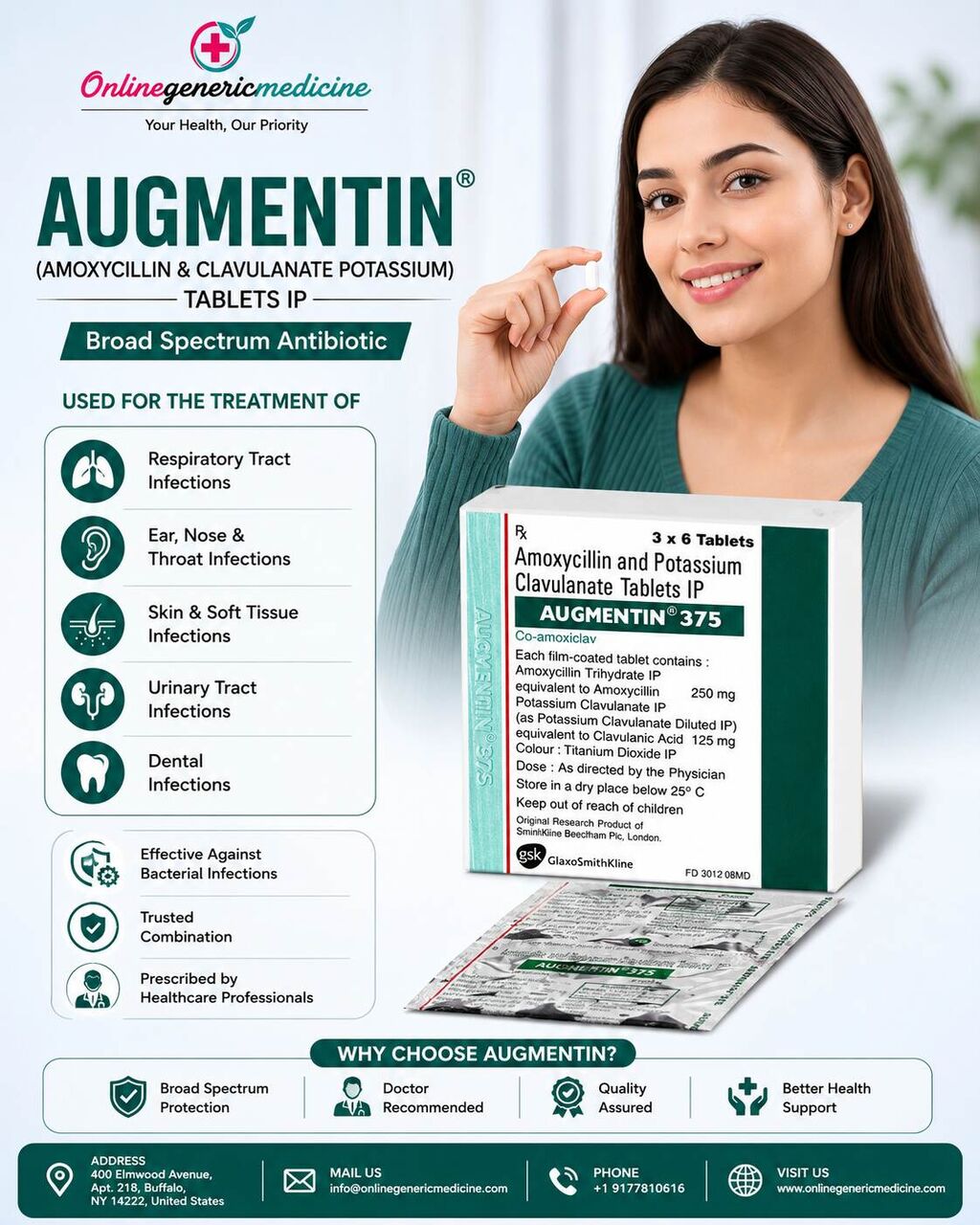 New York, Health & Beauty Items, USD 27,  Augmentin  (Amoxicillin + Clavulanate) For Bacterial Infections | Online Generic Medicine