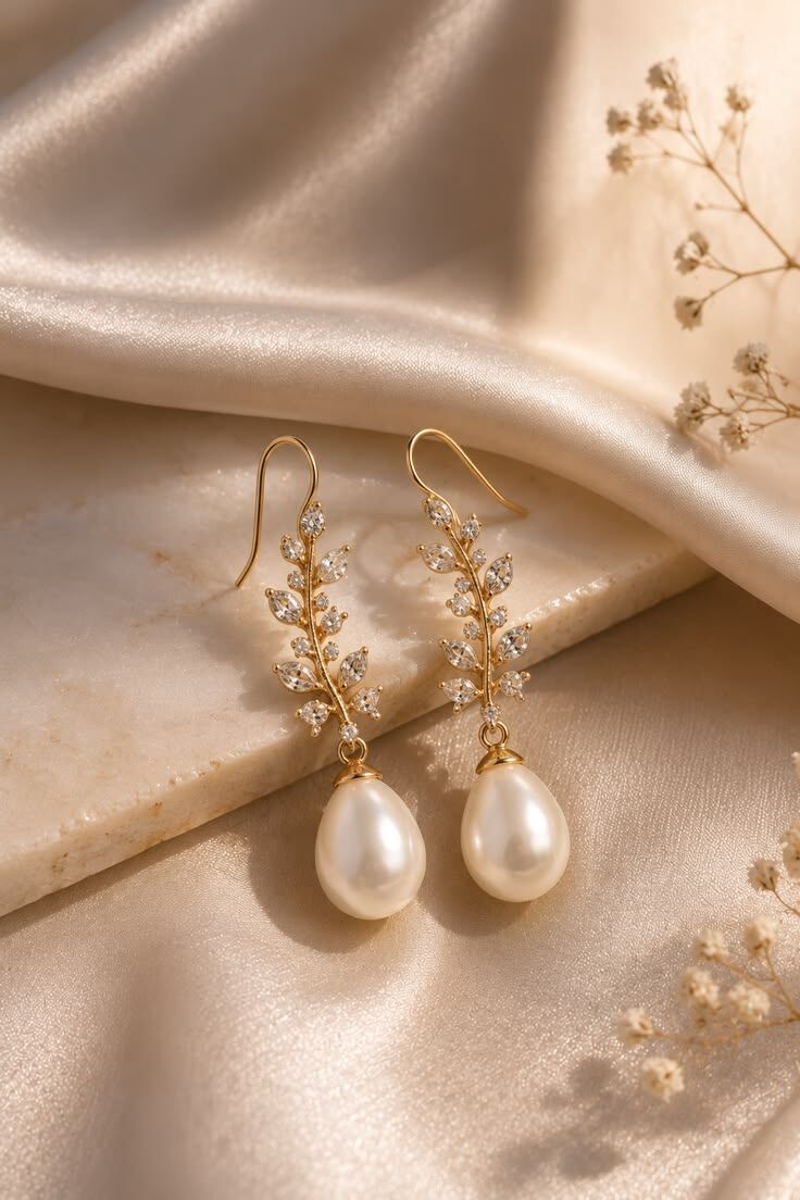 Kerala, Jewelry, INR 399,  Elegant Pearl Drop Leaf Earrings