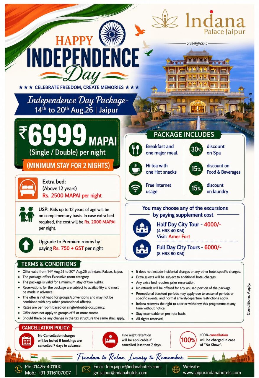 Jaipur, Travel, Independence Day Stay Package Jaipur | Indana Palace Jaipur