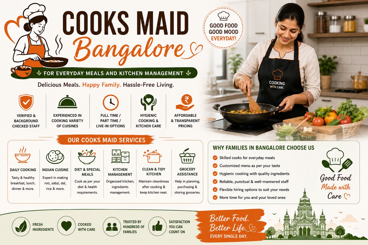 Bangalore, Cleaning, Cooks Maid Bangalore For Everyday Meals And Kitchen Management