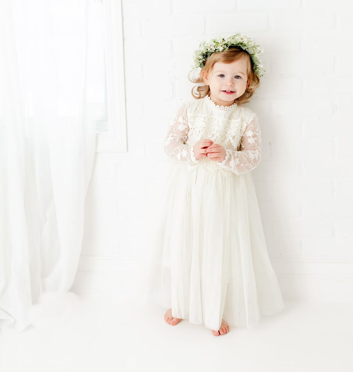 New York, Clothing & Accessories, USD 95,  Long Sleeve Lace Flower Girl Dress, Rustic Tulle Winter Wedding Dress For Girls
