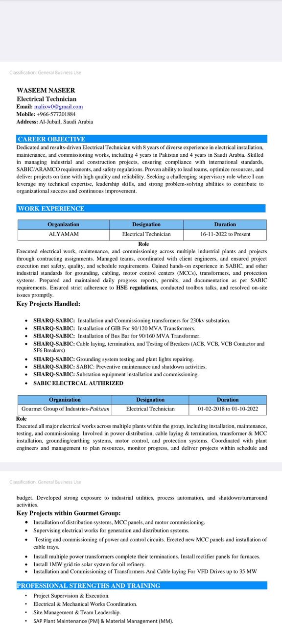 Jubail Industrial City, Job Seekers, Electrical Technician