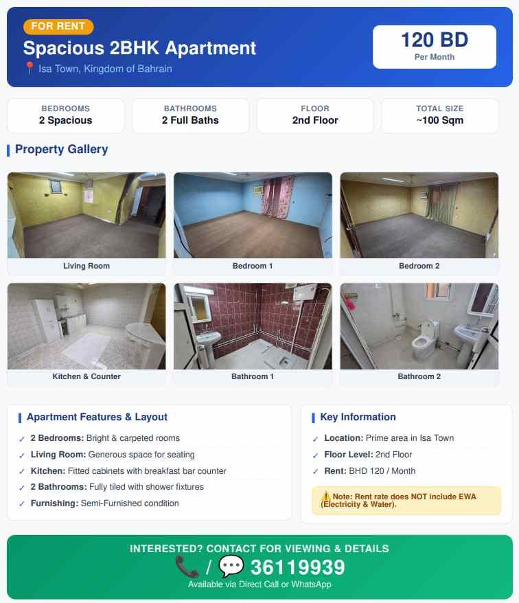 Isa Town, Apartments, Flats, Houses & Villas, BHD 120/month,  2 BR,  100 Sq. Meter,  Spacious 2BHK Apartment For Rent In Isa Town (120BD)