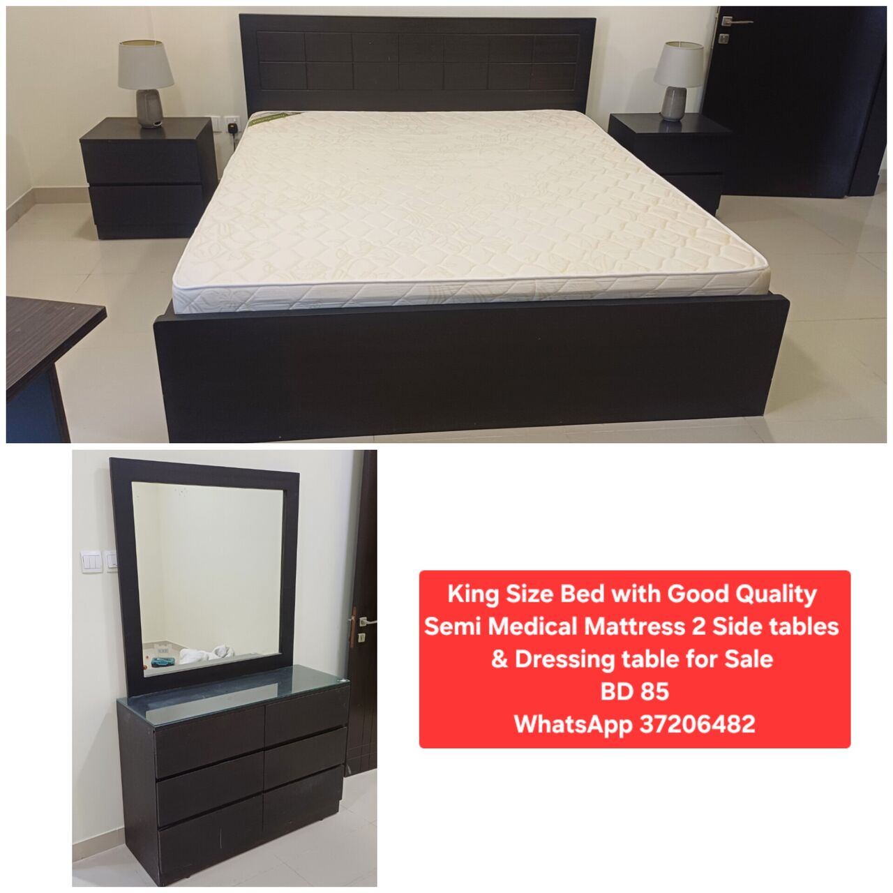 Manama, Furniture, BHD 85,  ✅️King Bed With Dresser Side Table For Sale In Good Condition With Delivery