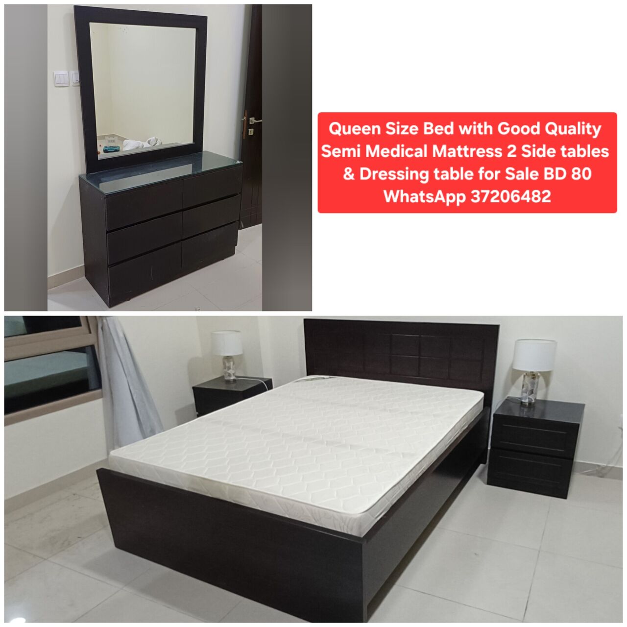 Manama, Furniture, BHD 80,  ✅️ Queen Bed With Dresser Side Table For Sale In Good Condition With Delivery
