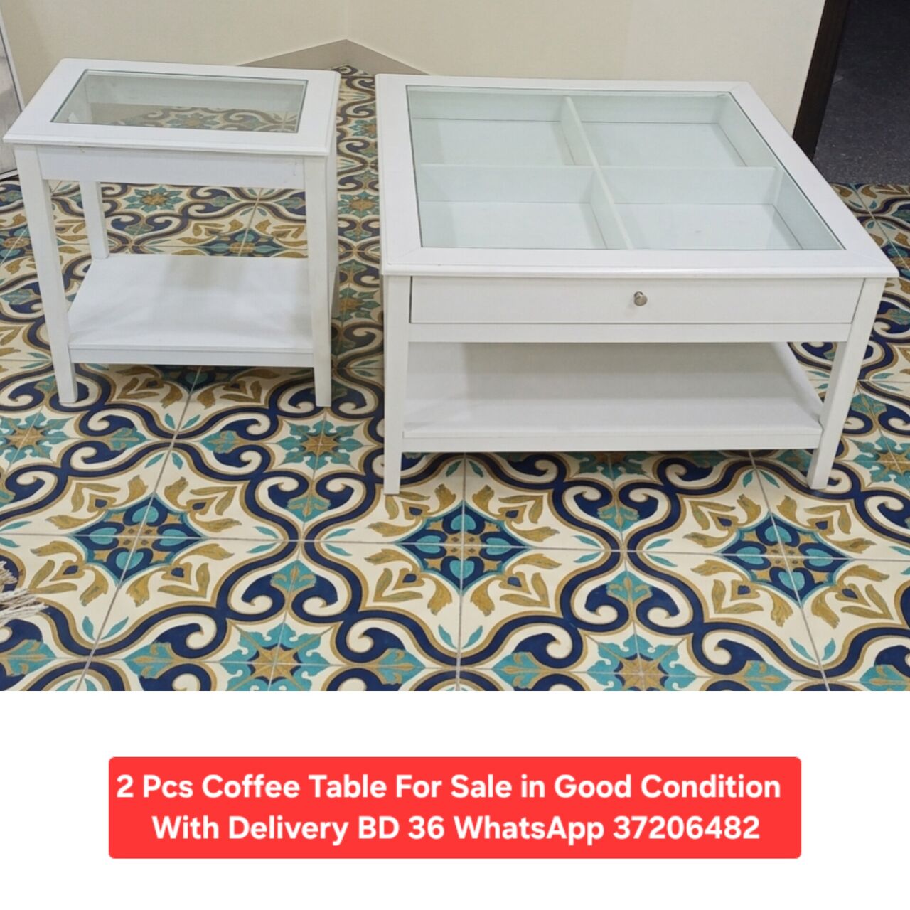 Manama, Furniture, BHD 36,  ✅️ 2 Pcs White Coffee Table For Sale In Good Condition With Delivery