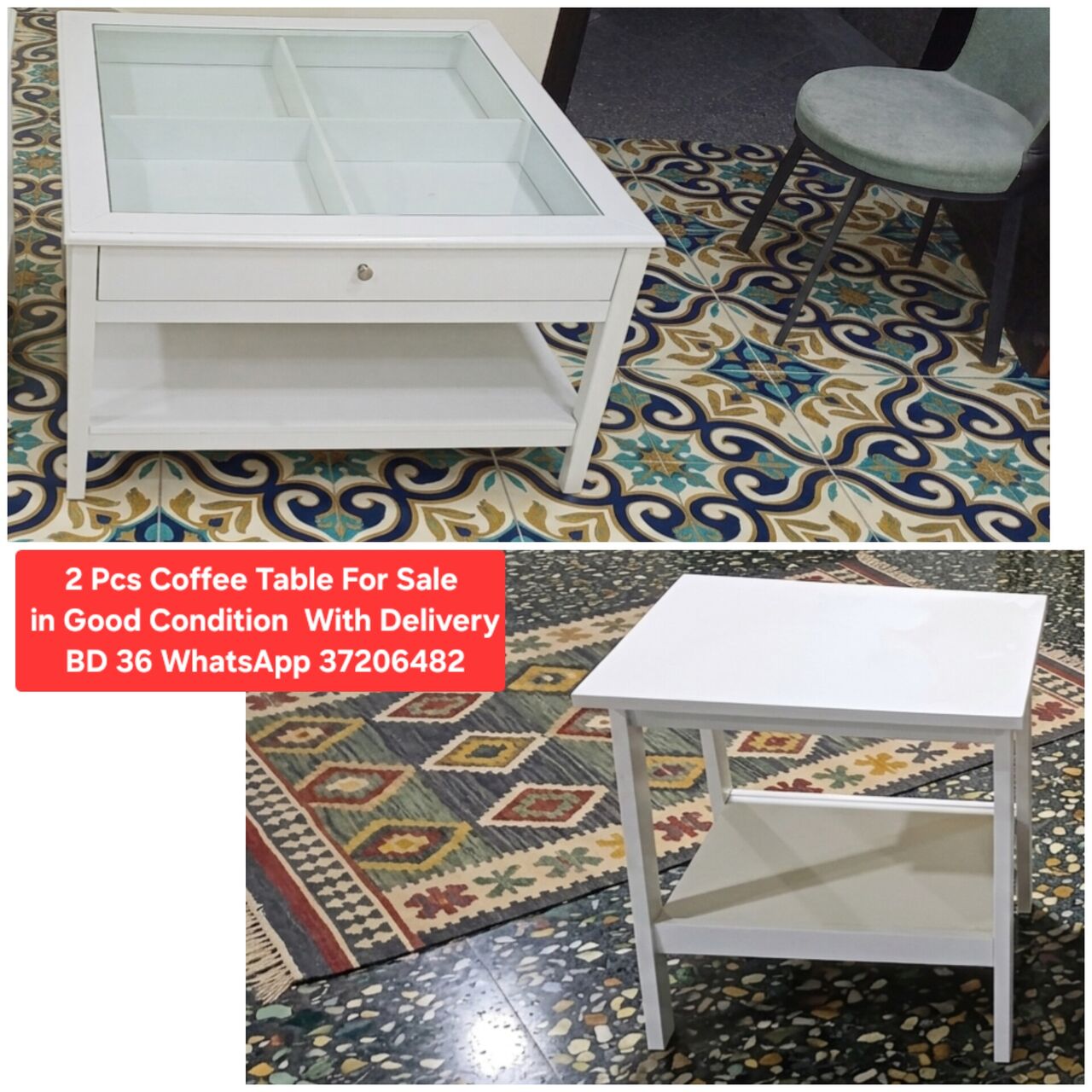 Manama, Furniture, BHD 36,  ✅️ 2 Pcs White Coffee Table For Sale In Good Condition With Delivery